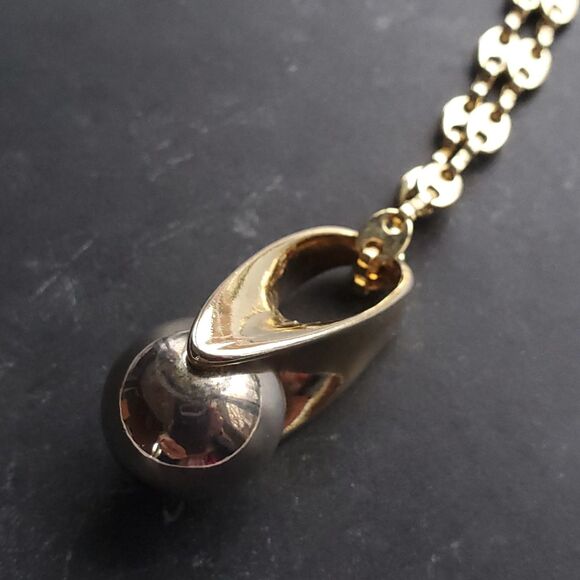 14K Gold Plated Necklace 23" 5mm Puffed Mariner 2 Tone Teardrop Ball Pendant - Picture 2 of 10